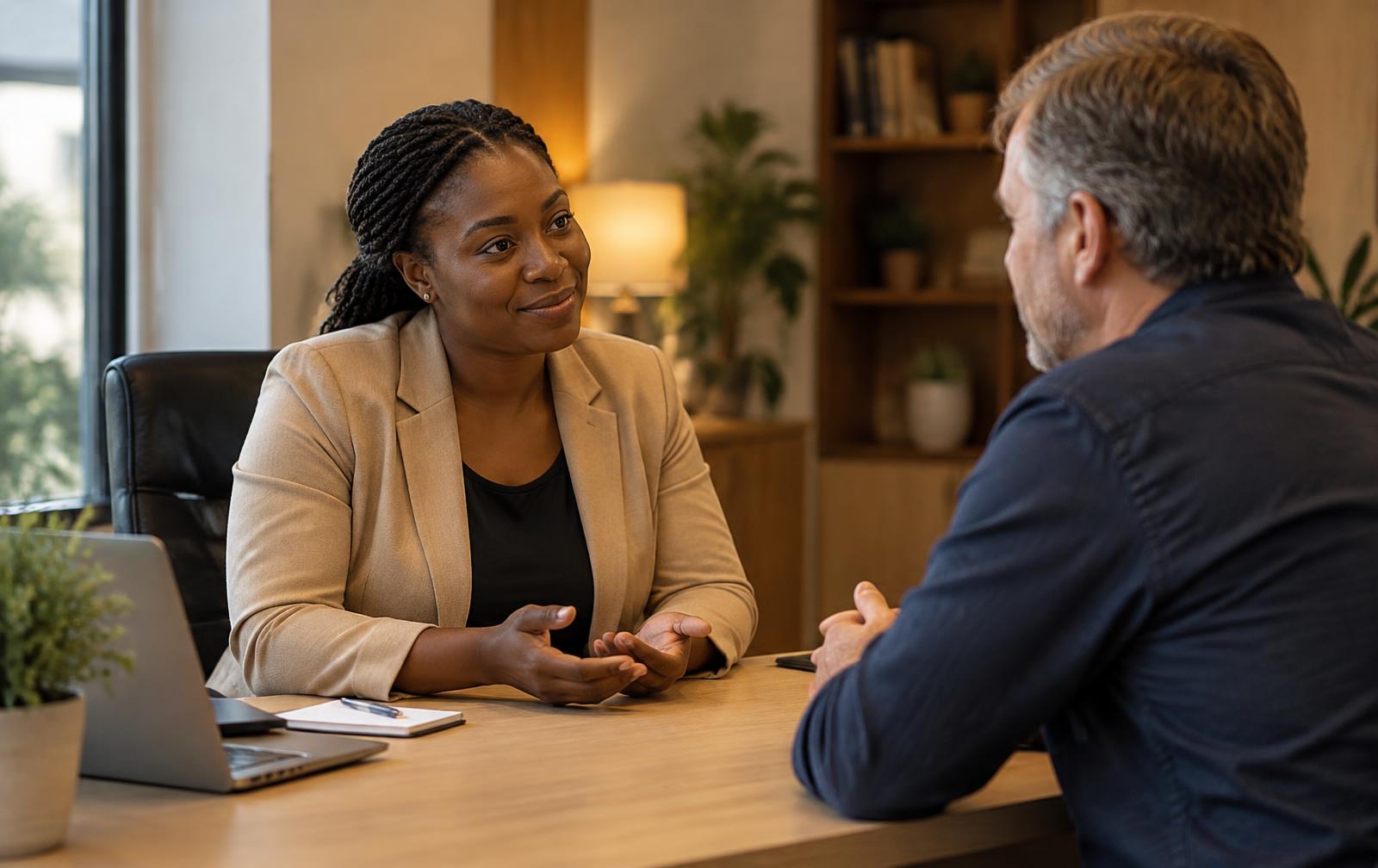 Conseillère écoutant attentivement un client lors d'un échange de service