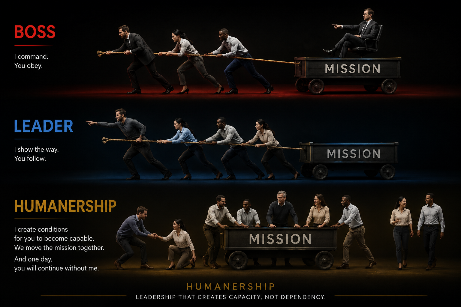 Métaphore visuelle : le boss, le leader et le Humaner face à la mission